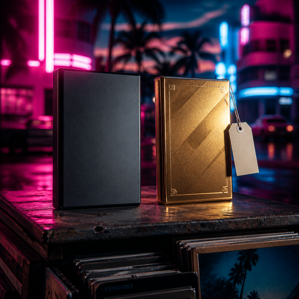 GTA 6 Standard and Ultimate edition boxes on a Vice City newsstand under neon light, a price tag between them