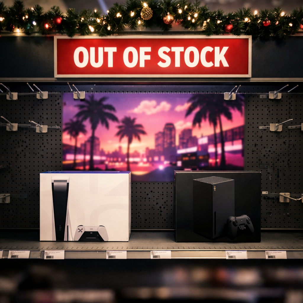 A PlayStation 5 and Xbox Series X console on a near-empty retail shelf during the holiday season, GTA 6 promotional display nearby