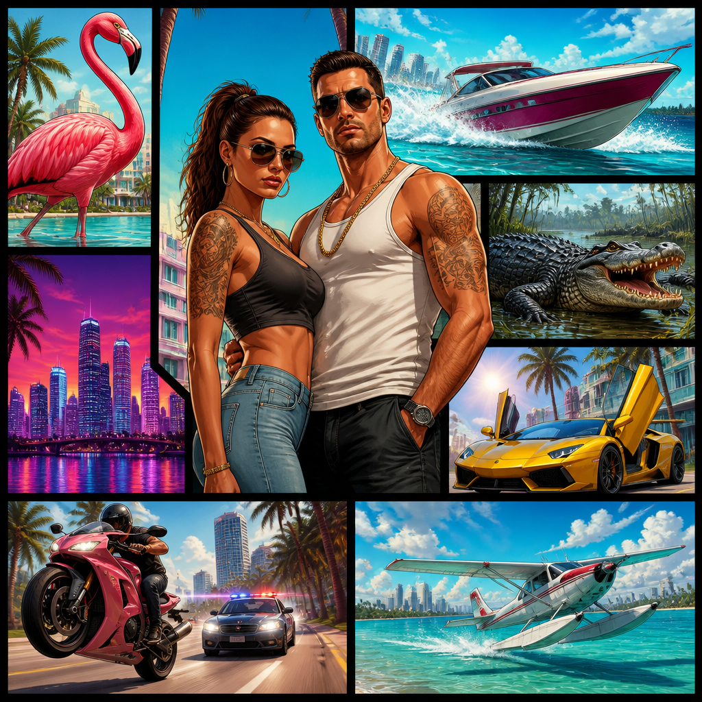 The GTA 6 cover art collage: Jason and Lucia, a neon Vice City skyline, a speedboat, a pink flamingo and a basking alligator.