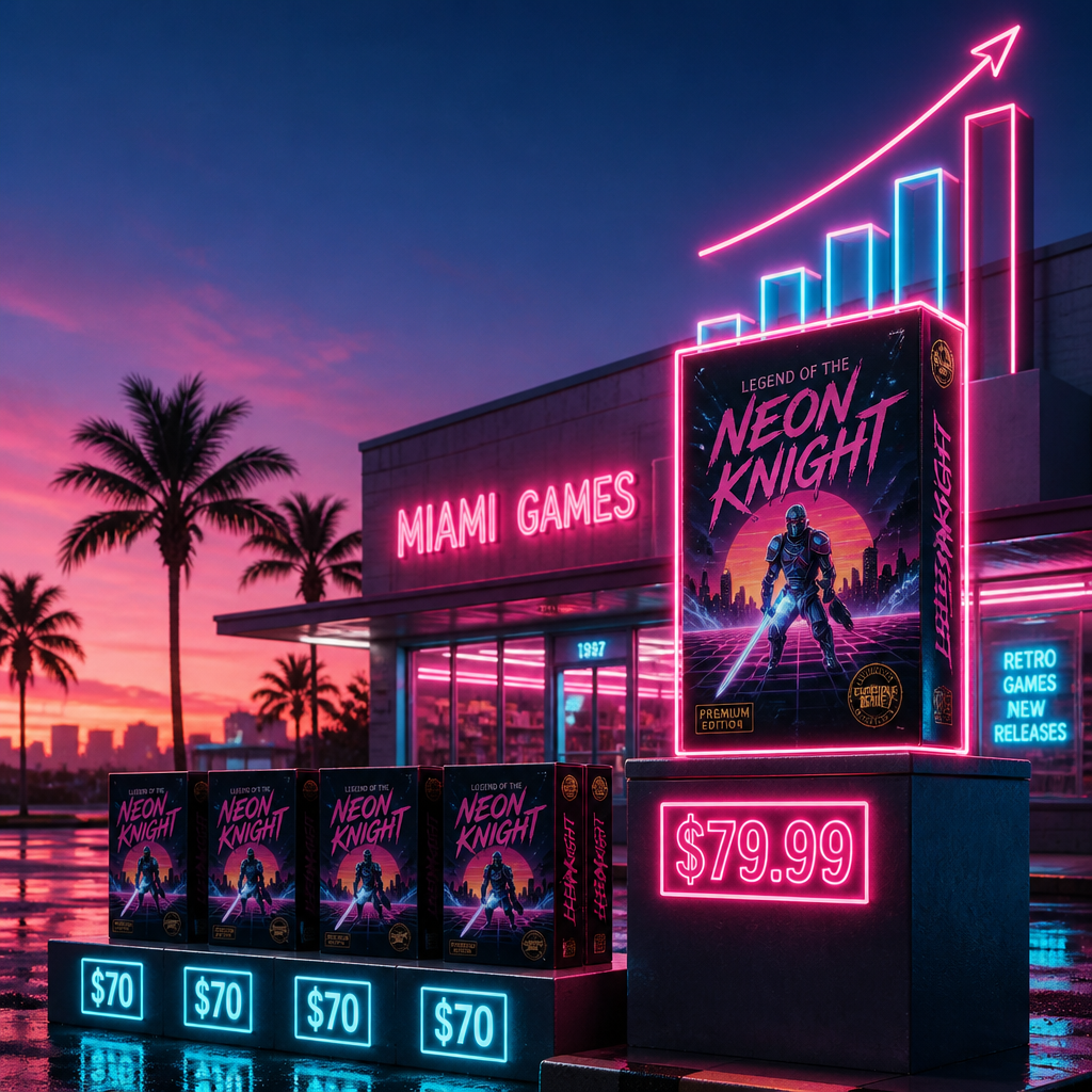 A neon Vice City storefront showing GTA 6 priced at $79.99 next to cheaper $70 games, illustrating rising game prices