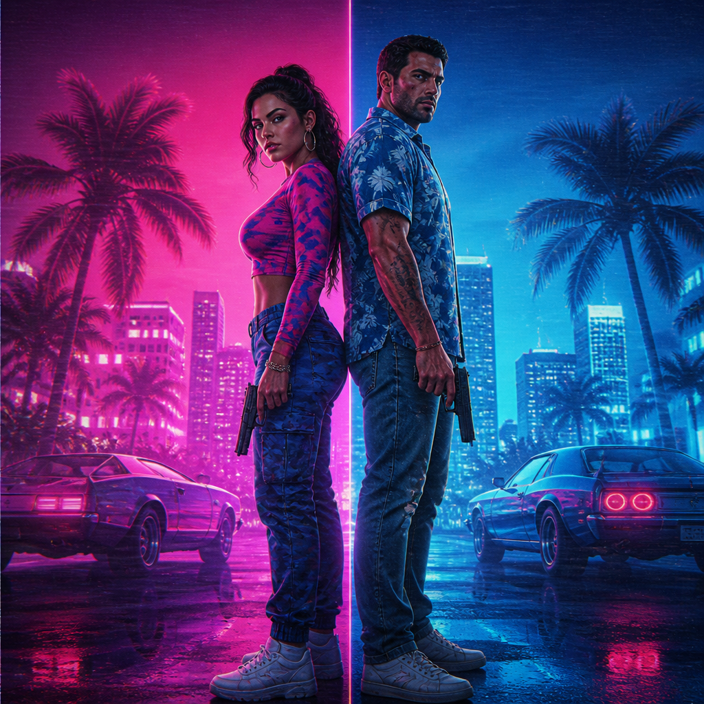 Split neon portrait of GTA 6 protagonists Lucia Caminos and Jason Duval, Vice City styling