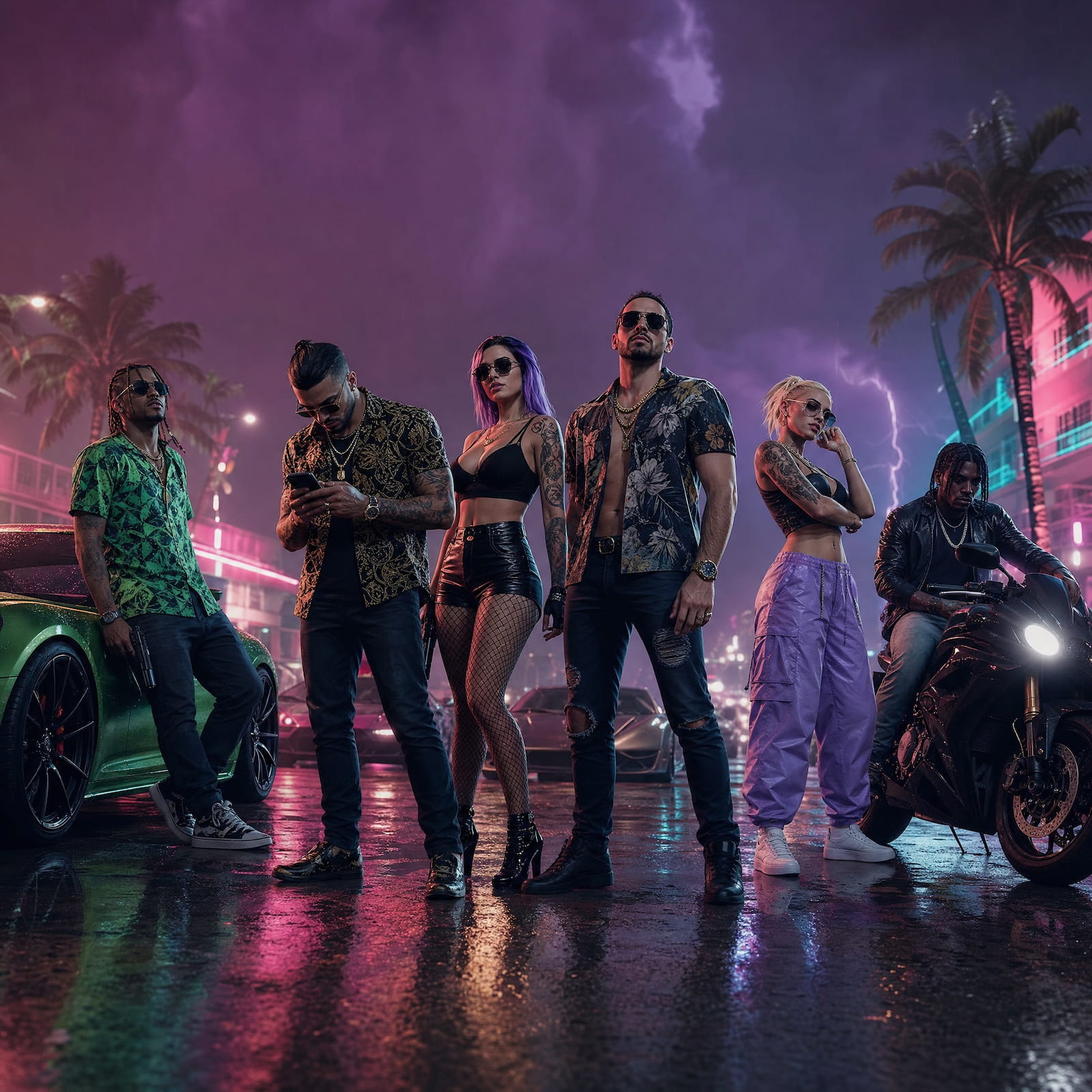 Two GTA 6 player characters standing back-to-back in a neon-lit Vice City street at night, evoking GTA Online multiplayer